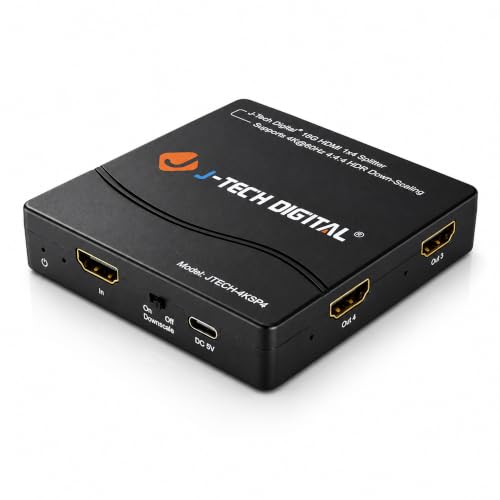 J-Tech Digital HDMI Splitter 4K 60Hz 1X4 Multi-Resolution Output (MRO) HDMI 2.0 Splitter Supports downscale HDR HDR10 / Dolby Vision 4K@60Hz 4:4:4 HDCP2.3 2.2 (JTECH-4KSP4)