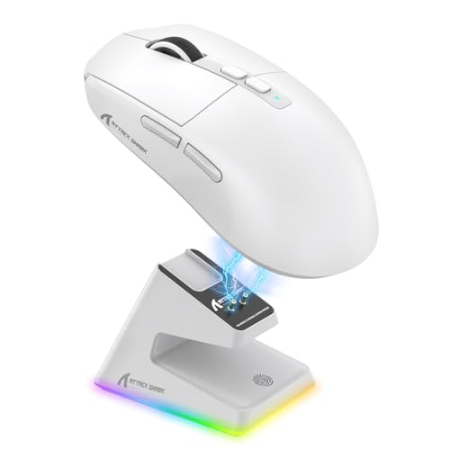ATTACK SHARK X6 Lightweight Wireless Gaming Mouse with RGB Backlight Charging Base,Tri-Mode Wired/2.4GHz/BT5.2,26K DPI, PAW3395 Optical Sensor,HUANO Switch,5programmable Buttons,PC/Mac(White) - color: White, size: Mouse without Anti-slip sticker