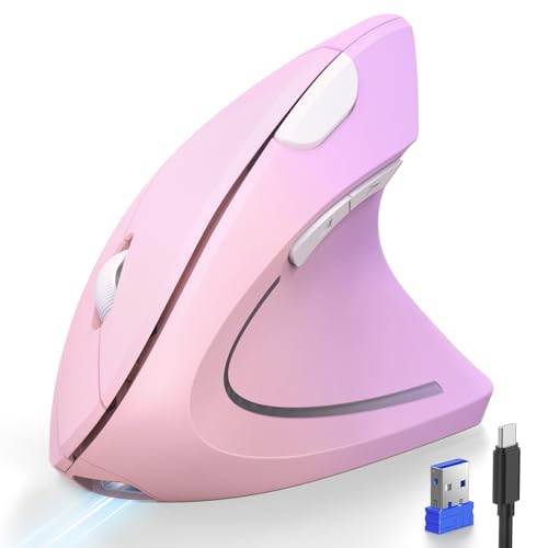TECKNET Ergonomic Mouse Wireless, Rechargeable Vertical Mice Right Hand | Bluetooth+2.4G, Multi Device, 4800 DPI Adjustable, Optical Carpal Tunnel Mouse for Laptop, PC, Computer, MacBook, Pink Purple - color: Pink Purple