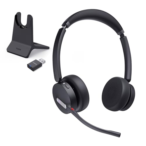 Yealink WH64 Hybrid DECT Dongle & Bluetooth Wireless Headset for Work | Teams & Zoom Work Headphones with Charge Stand, 492ft Long Range, 3X Noise Canceling Mic, 32-Hour Battery Life for Office - style: WH64 Hy-Dual with Stand