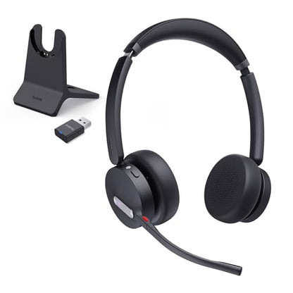 Yealink WH64 Hybrid DECT Dongle & Bluetooth Wireless Headset for Work | Teams & Zoom Work Headphones with Charge Stand, 492ft Long Range, 3X Noise Canceling Mic, 32-Hour Battery Life for Office - style: WH64 Hy-Dual with Stand