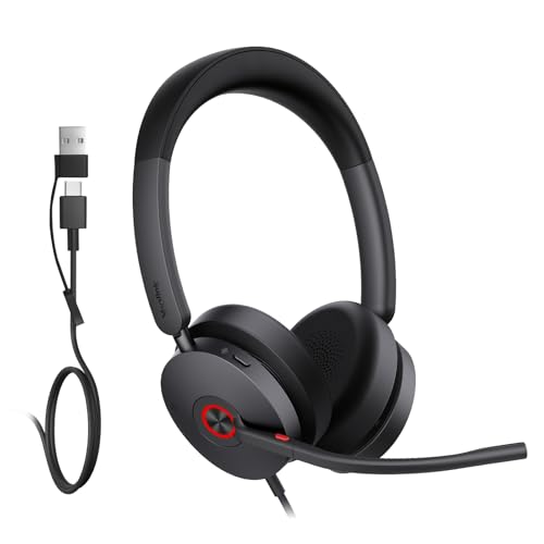 Yealink UH44 Wired USB Headset for Work, USB-C/A, 2 Noise-Canceling Mics | wired headphones with microphone for work,usb headset for pc laptop,office headset,work from home,busy light,inline controls