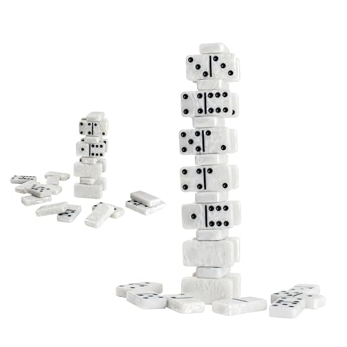 Dominos Set for Adults, Double 6 Domino Set, 28 Jumbo Marbleized White Tiles, Dominoes Set for Adults and Kids - Classic Board Games for Family & Travel (in Rhomb Pattern Leather Case) - color: White