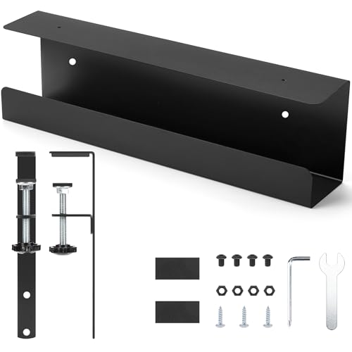 ZhiYo 16.5in Steel Cable Management Under Desk Tray, Large Clamp-On Under Table Cord Hider Tray, No Drill Cable Organizer for Desk, Wire Management Raceway, Black Rack, W3in x H4.7in - size: 16.5in L - Clamp-On