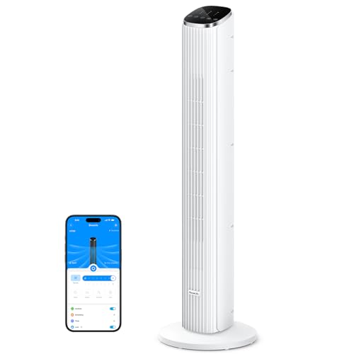 GoveeLife 36 in. White Tower Fan for Bedroom, 5 Modes 8 Speeds up to 25ft/s | Smart Floor Fan with App/Voice Control, Temp Sensor, 29dB Bladeless Oscillating Fan for Office, 24H Timer, Auto Cooling - color: White