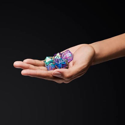 Iridescent DND Dice Set with Glowing LED Display Box – Sharp Edge Polyhedral Dice with Mesmerizing Finish | Bonus Stickers Included | Dungeons and Dragons (TTRPG) Dice Set - color: (Non-liquid Core) Iridescent - Aetherflare