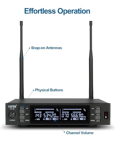 SGPRO SG-82HH Dual Handheld Wireless Microphone System, 520-590 MHz | Metal handheld mics and receiver, Adjustable UHF channels, Antenna diversity, Professional audio and events