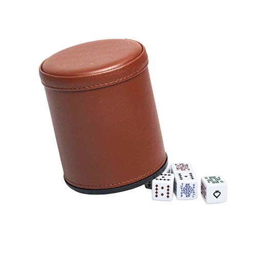 Leatherette Dice Cup with Poker Dice, Felt Lining Quiet Shaker for Playing Yahtzee/Farkle/Liars Dice, - color: Brown With Poker Dice