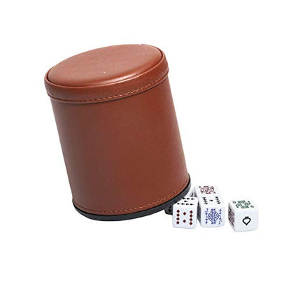 Leatherette Dice Cup with Poker Dice, Felt Lining Quiet Shaker for Playing Yahtzee/Farkle/Liars Dice, - color: Brown With Poker Dice