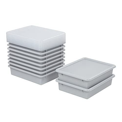 ECR4Kids Letter Size Plastic Tray Organizer with Lids, Small, Storage Bins, Light Grey, 10-Piece | Durable plastic, GREENGUARD Gold Certified, 2 gallon capacity, stackable/nestable, easy-lift lids, classroom & home use - color: Light Grey