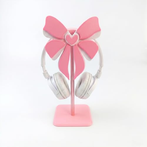 Pink Bow Headphone Stand for Desk - Upgraded Aluminum Alloy & Wood Gaming Headset Holder,, Cute Gamer Girl Gifts for Women, Girls, Wife, Office Decor with Anti-Slip Base (Pink Bow)