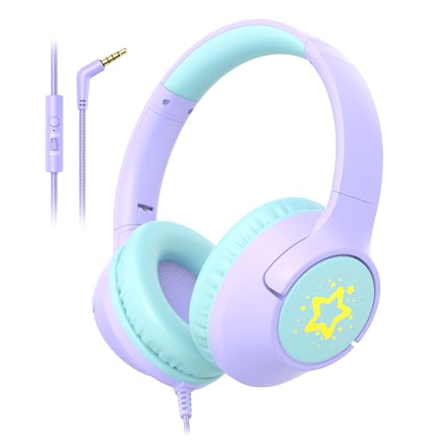 Kids Wired Headphones for School, 85/94 dB Volume Limit, Wired Over Ear Headphones for Girls Kids with Microphone, Foldable Stereo Sound 3.5mm Wire Cord for Kindle Tablet Airplane Travel, Purple - color: Purple