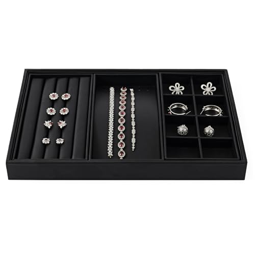 Oirlv Leather Multi-Function Jewelry Tray Black | Versatile Compartments for Rings/Earrings/Bracelets, Stackable Design - style: P01708