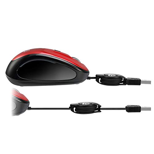 Adesso Retractable Mini Mouse iMouse S8B with Built-in Scroll Wheel, Adjustable DPI, Multi-Color LED Backlight, and Enhanced Optical Sensor (Red)
