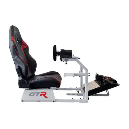 GTR Simulator GTA Model Silver Frame with Adjustable Leatherette Racing Seat Gaming Simulator Cockpit Chair | RS30 Wheel | V3 Pedal Setup (GTA with RS30 Wheel & V3 2-Pedal Setup) - size: GTA with RS30 Wheel & V3 2-Pedal Setup
