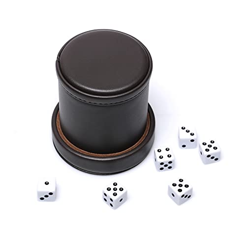 PU Leather Dice Cup with Lid, Dark Chocolate Leatherette and Dark Brown Felt-Lined Quiet Dice Shaker Cup, Including 6 Black Dot Dice for Liars Dice/ Farkle/ Yahtzee Games, 1 Pack - color: Chocolate