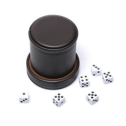 PU Leather Dice Cup with Lid, Dark Chocolate Leatherette and Dark Brown Felt-Lined Quiet Dice Shaker Cup, Including 6 Black Dot Dice for Liars Dice/ Farkle/ Yahtzee Games, 1 Pack - color: Chocolate