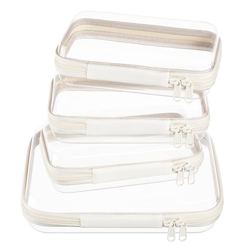 4 pcs Clear Zipper Pouches,Hard Shell Zipper Case, Toiletry Bag for Travel | CLear Diaper Bag, Toiletry Pouch, Travel Organizer, Cosmetic Bag,Toy Storage Bins (M+3S)(Ivory) - color: Ivory, size: M+3S