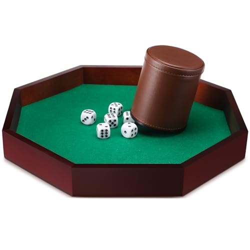 MiniInflat Octagon Tray Dice Cup Set Include Wooden Dice Tray Felt Lined PU Leather Dices Cup with 6 Dot Dices for Table Games(Coffee) - color: Coffee