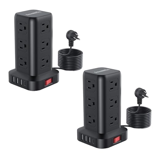 2 Pcs Extension Cord with Multiple Outlets, SMALLRT Power Strip Tower, Outlet Extender with 12 AC Outlets 4 USB, 6.5FT Extension Cord for Home Office Dorm Room, Overload Protection - color: Black, size: 6.5 Ft without wireless charging 2Pack