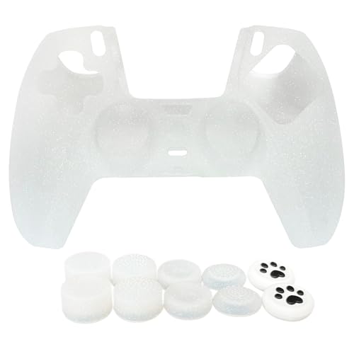 White Glitter Silicone Protective Case for PS5 Controller, Sparkly Bling Soft Cover Skins, Includes 8-in-1 Glitter Thumb Grip Caps + 2 Cat Paw Caps – Shockproof Dustproof Anti-Slip - color: White