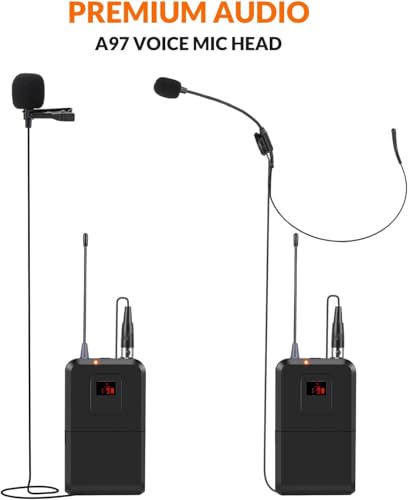 innopow 200-Channel Wireless Microphones System, Wireless Lavalier Microphone, Dual UHF Bodypack Cordless Lavalier Mic System Set, Auto Scan, Long Range 200-240Ft, 16 Hours Ideal for Church (Black)