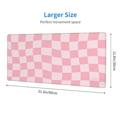 Gaming Mouse Pad, Large Pink Checkered Mousepad Laptop, Extended Mouse Mat, Long XL Waterproof Keyboard Pads, Big Non-Slip Mousepads for Game Office Home, 31.5 x 11.8 in - color: Pink Checkered