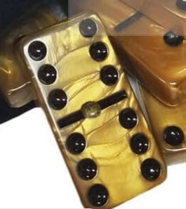 Marion Domino Double Six Gold Marbleized Jumbo Tournament Professional Size with Spinners in Dovetail Sheesham Wood Box. - color: Gold