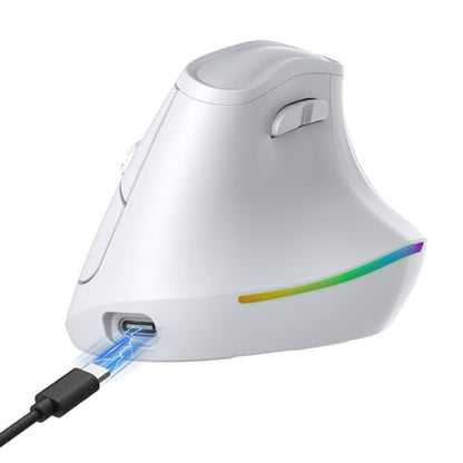 KYSONA 57° Wireless Ergonomic Mouse, Vertical Mouse, Carpal Tunnel Mouse, RGB Light, Rechargeable, Bluetooth & 2.4G, 5-Level DPI Adjustment, Quiet Click Ergo Mice Compatible with PC/Laptop/Mac, White - color: RGB Light in White