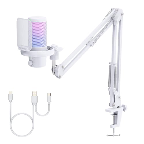 FEELWORLD VM1 White USB Gaming Condenser Microphone for pc, Boom Arm Stand | Noise Cancellation, Mute, RGB Light, Gaming Equipemnt, for Gifts YouTube Twitch Podcast Streaming Recording - color: White