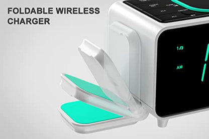 Emerson Smartset Dual Alarm Clock FM Radio with Wireless Charging, Bluetooth Speaker, Ultra Fast Charging for Airpods/iPhone, Foldable Stand, USB Charger, Adjustable LED Glow, ER100501 - style: ER100501