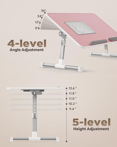 Laptop Desk for Bed with Cooling Fan, Height & Angle Laptop Stand | SAIJI Lap Desk Tray Table, Adjustable Lightweight Foldable Portable Computer Table - color: Pink