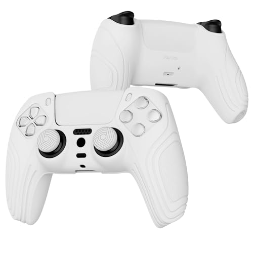 eXtremeRate PlayVital Samurai Edition White Anti-Slip Controller Grip Silicone Skin for ps5, Ergonomic Soft Rubber Protective Case for ps5 Controller with White Thumb Stick Caps - color: White