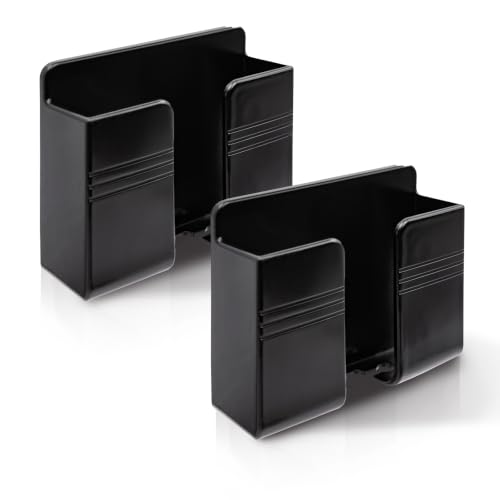 2 Pcs Wall Mount Phone Holder with Adhesive Pads Phone Stand with Data Cable Receiving Hole, Charger Remote Control Storage Box for Bedroom, Kitchen, Bathroom, Office (Black) - color: Black