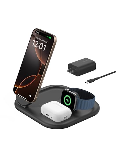Belkin 3-in-1 MagSafe-Compatible iPhone Charger - Foldable Magnetic Qi2 Certified, MagSafe Charging Station for Phone, Apple Watch, AirPods - Wireless for Multiple Devices - color: Black