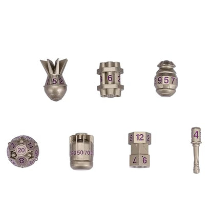 UDIXI Metal DND Dice Set 7PCS Nickel RPG Polyhedral Metal D&D Dice Set | Bomb Shape, Purple Numbers, Solid Metal, Cool Design, Leather Pouch Pakaging, for Dungeons and Dragons Role Playing Games - color: Nickel Purple