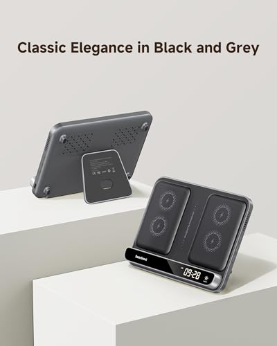 Dual Phone Foldable Wireless Charging Station for iPhone, Galaxy, Pixel | Dual phone charging, Foldable portable stand, Dimmable clock, Case friendly, Raised charging area, flat mode for earbuds, 504 - color: Black & Tech Grey