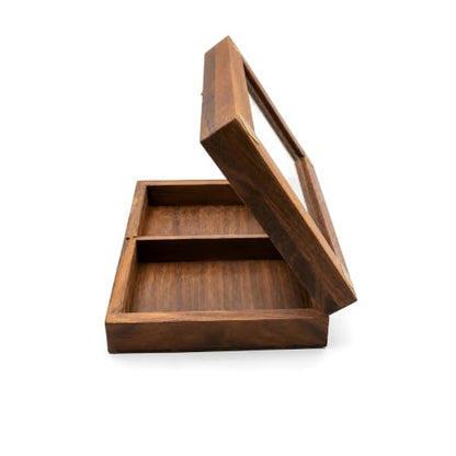Handmade Wooden Playing Card Storage Box for 2 Decks, Sheesham Wood Card Holder Case with Clear Top Display and Brass Latch (Cards Not Included)