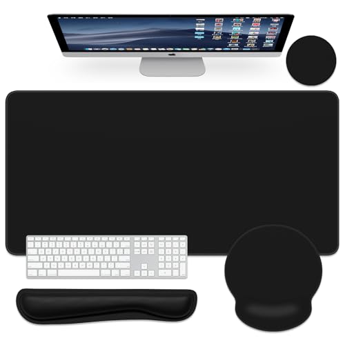 Dapesuom Large Gaming Mouse Pad, Black Mouse Pads with Wrist Rest Wrist Support, 4in1 Big XXL Desk Mat Desk Pad + Ergonomic Mousepad + Memory Foam Keyboard Mat Wrist Rest + Coaster Set for Computer - color: Jet Black