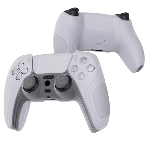 eXtremeRate PlayVital Samurai Edition Clear White Anti-Slip Controller Silicone Skin for ps5, Ergonomic Soft Rubber Protective Case for ps5 Controller with Clear White Thumb Stick Caps - color: Clear White