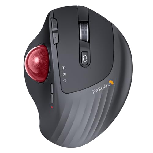 ProtoArc EM01 NL Wireless Trackball Mouse, Rechargeable Thumb Control, Red | 0/20° Adjustable Angle to Reduce Fatigue, Triple-Device Bluetooth & 2.4G USB-A for Office Use, Silent Click, Easy to Clean - color: Red Ball