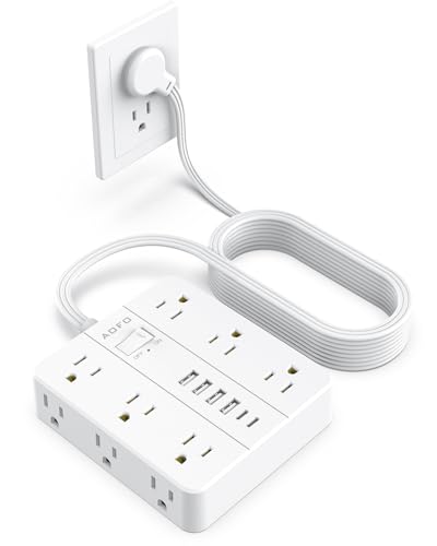 15FT Surge Protector Power Strip,12 AC Outlets with 6 USB Ports (2 USB-C), Flat Plug Extension Cord with Multiple Outlets, Wall Mount for Home Office,Dorm, White - color: White, size: 15FT