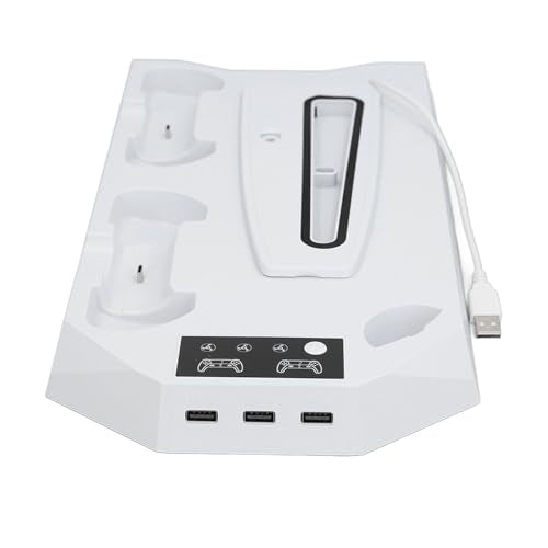 Cooling Stand with Dual Controller Charger, Quiet Adjustable Fan Vertical Station for Slim Disc Digital Edition, 3 USB Hub Console Stand for 5 Accessories (White)