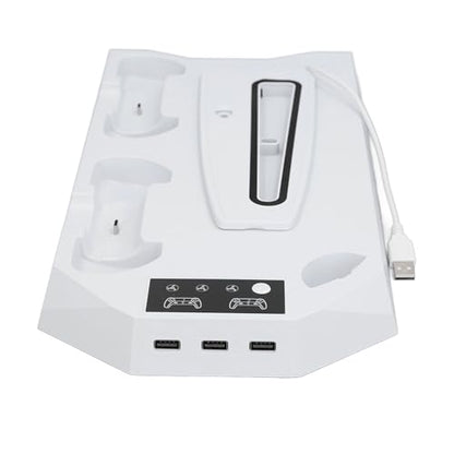 Cooling Stand with Dual Controller Charger, Quiet Adjustable Fan Vertical Station for Slim Disc Digital Edition, 3 USB Hub Console Stand for 5 Accessories (White)