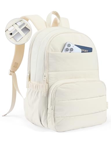 Uselike Travel Backpack for Women, 15.6 Inch Laptop Backpack, Quilted College Bookbag, Cute Work Backpacks, Water Resistant (Beige) - color: Beige