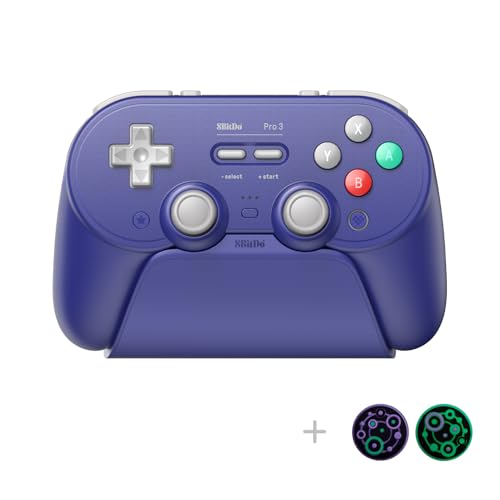 8Bitdo Pro 3 Bluetooth Controller with Charging Dock - Purple | Swappable ABXY Buttons, TMR Joysticks, Hall Effect Triggers, Back Buttons, Switch/Switch 2, Windows, Apple, SteamOS, Android - color: Purple