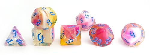 Pink Blue Mixed D&D Dice Set 7pcs (Red Marble) | Polyhedral Dice Set for DND, CoC Accessories, TTRPGs, Dungeon and Dragons, Role Playing Games – D20 System Games - color: Retro Red Marble Candy & Blue