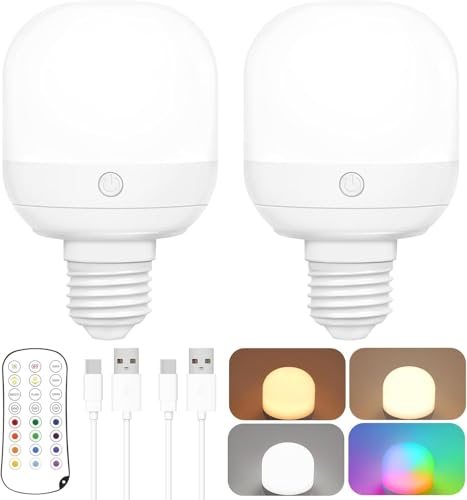 2-Pack Rechargeable Battery Operated Light Bulb with Remote&Timer, E26 Screw Battery Powered Dimmable LED Bulbs with 3 Color Temperatures + 12 RGB Colors, Detachable Magnetic LED Bulb for Sconce Lamps - size: 2 Pack (New Version)