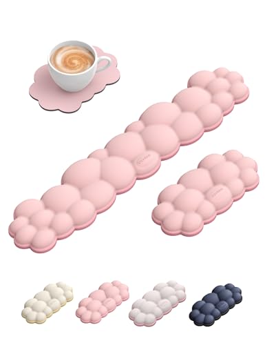 Vaydeer Cloud Keyboard Wrist Rest Set – Ergonomic Memory Foam Wrist Pad for Computer, Laptop & Gaming, Non-Slip Cute Desk Accessories for Office(Keyboard Rest + Mouse Rest + Coaster) - color: A2-rose Pink