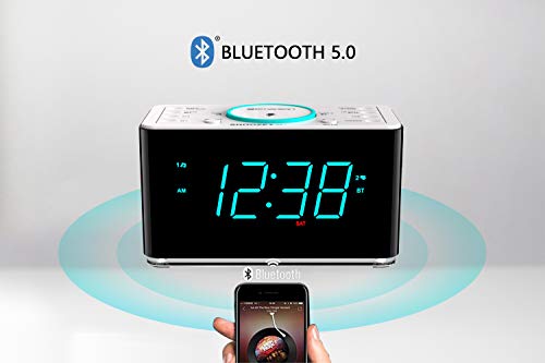 Emerson ER100401 Smartset 15Watt Ultra Fast Wireless Charging Dual Alarm Clock Radio with Bluetooth Speaker, USB Charger, Cyan LED Night Light and 1.4" Display - style: ER100401